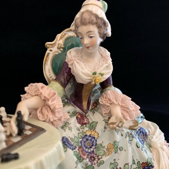 Dresden Volkstedt Porcelain Lace Couple Playing Chess 10" Wide Antique Victorian - Picture 8 of 16